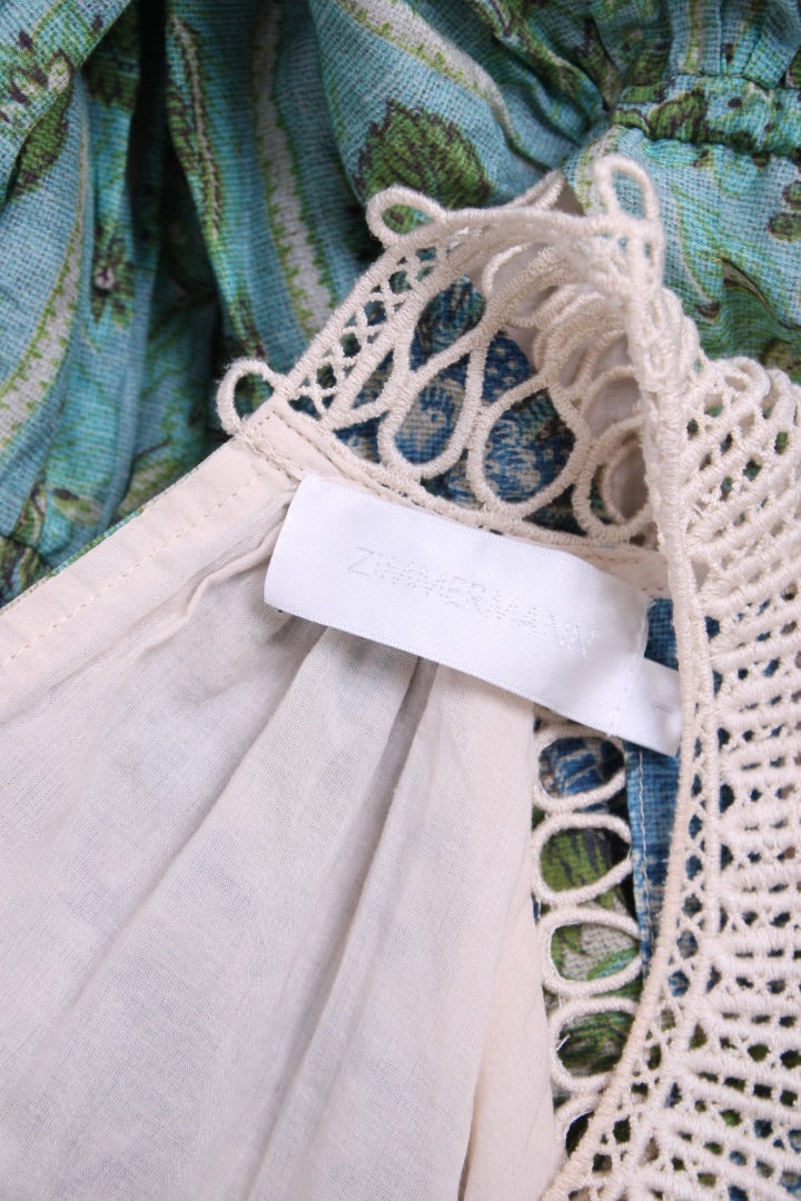 Zimmermann S/S Floral Crochet Neck Dress Blue/ Green 10