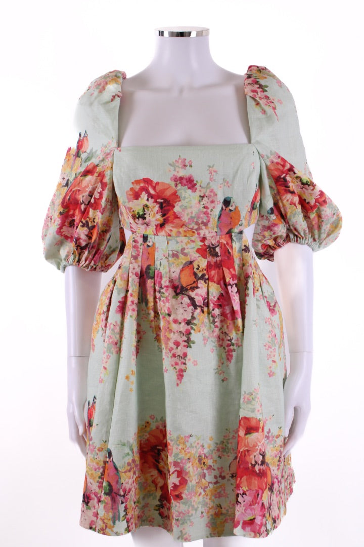 Zimmermann S/S Floral Puff Sleeve Dress Blue/ Orange 14
