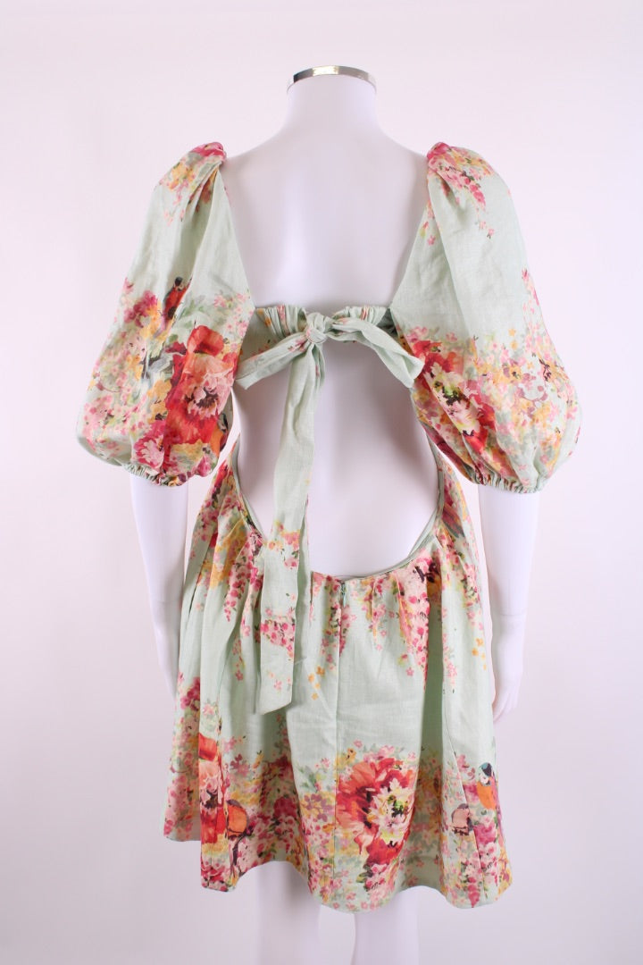 Zimmermann S/S Floral Puff Sleeve Dress Blue/ Orange 14