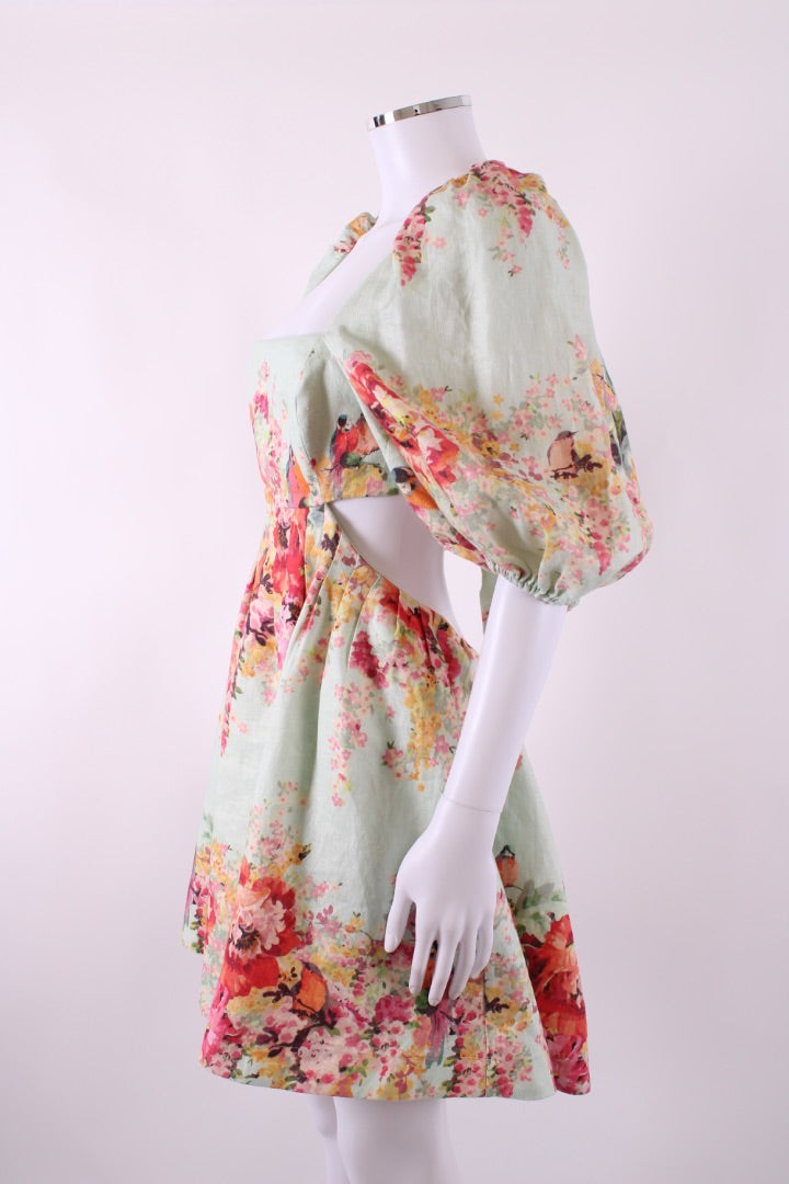 Zimmermann S/S Floral Puff Sleeve Dress Blue/ Orange 14