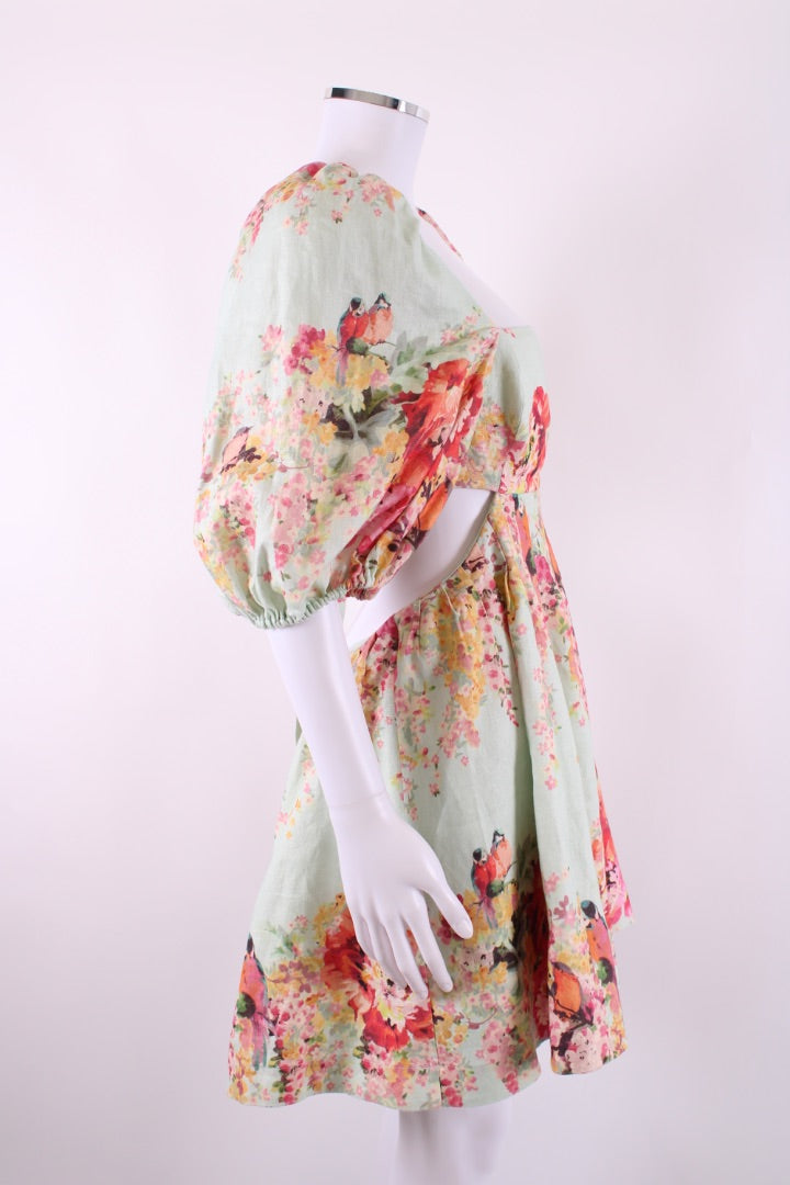 Zimmermann S/S Floral Puff Sleeve Dress Blue/ Orange 14