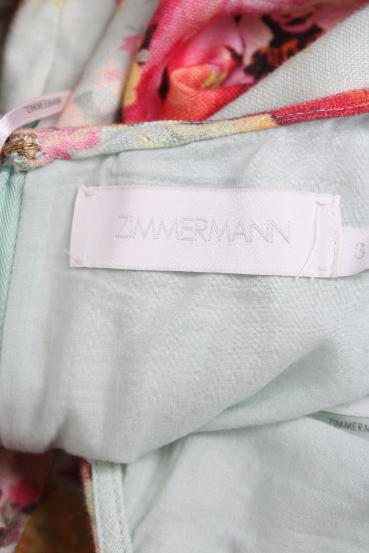 Zimmermann S/S Floral Puff Sleeve Dress Blue/ Orange 14