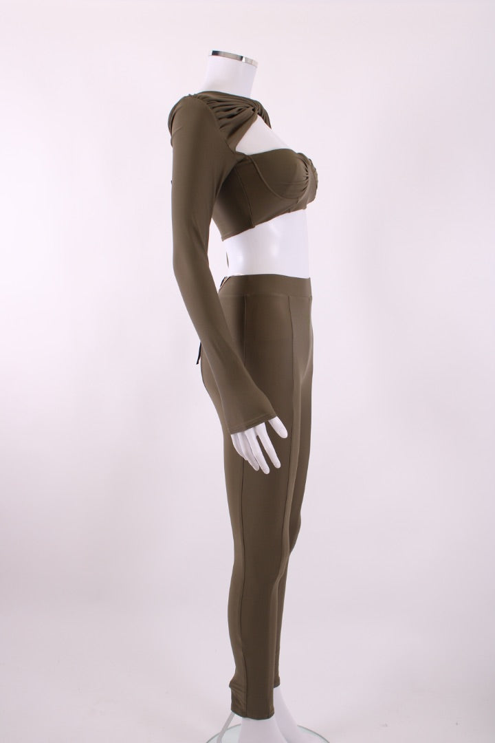 Alex Perry Twisted Cut Out Crop Top & Leggings Khaki S