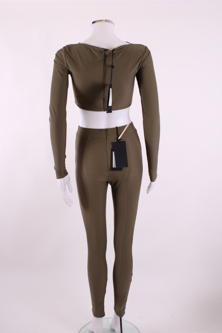 Alex Perry Twisted Cut Out Crop Top & Leggings Khaki S