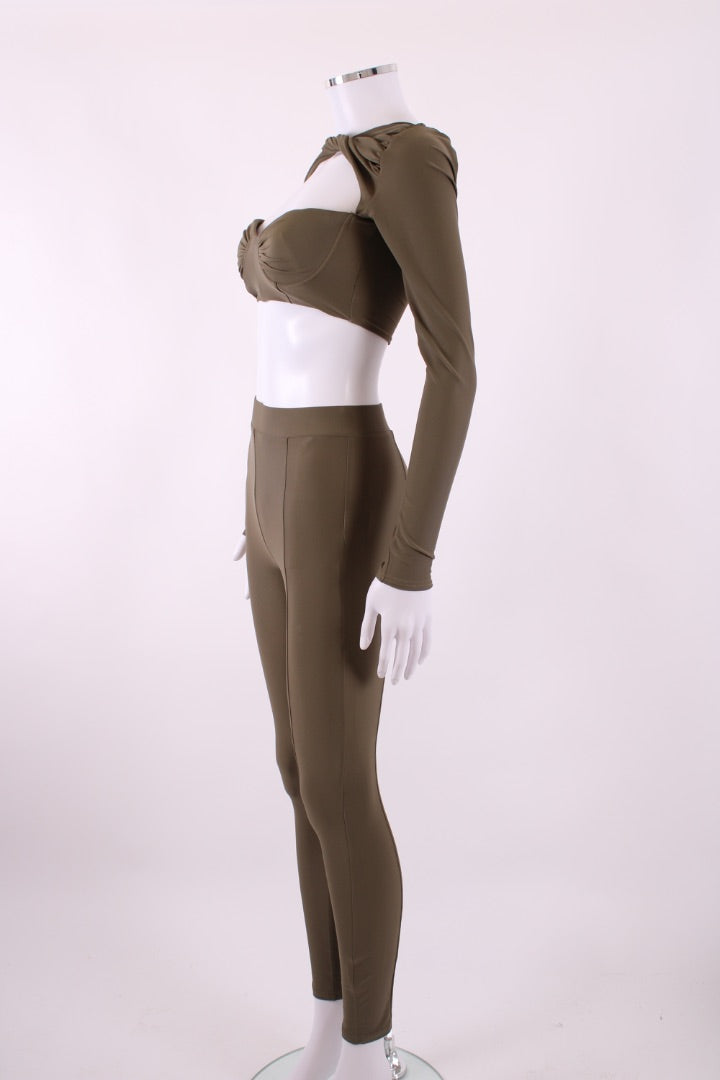 Alex Perry Twisted Cut Out Crop Top & Leggings Khaki S