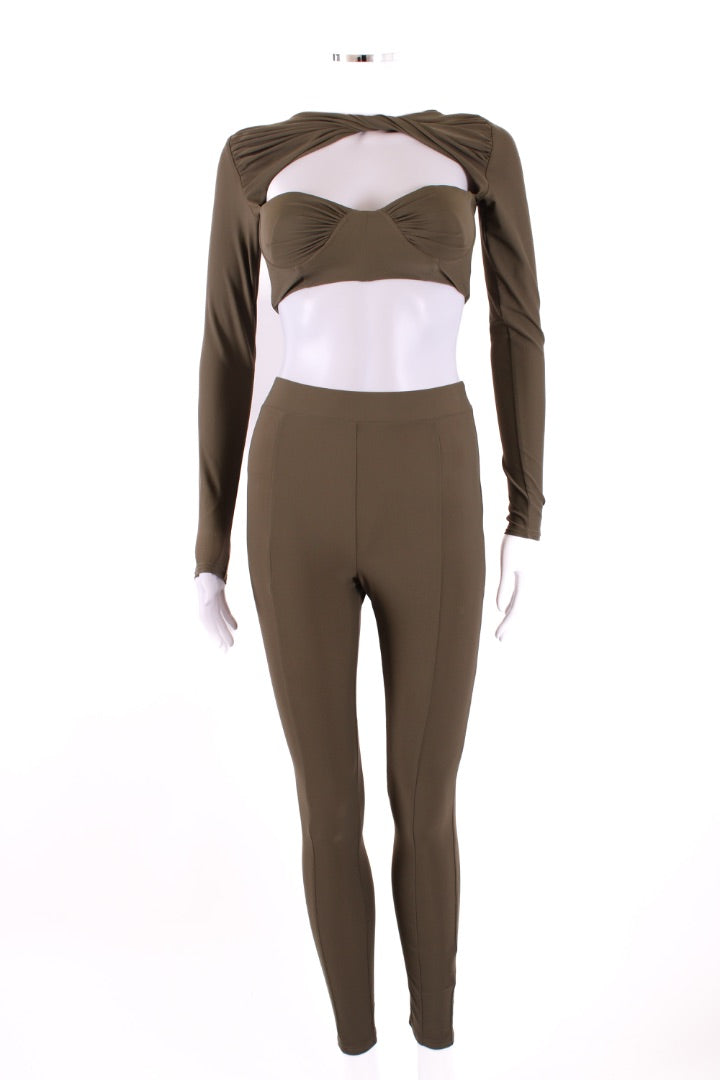 Alex Perry Twisted Cut Out Crop Top & Leggings Khaki S