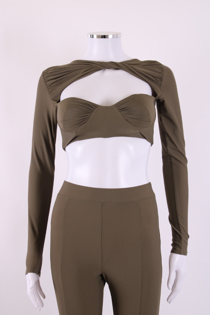 Alex Perry Twisted Cut Out Crop Top & Leggings Khaki S