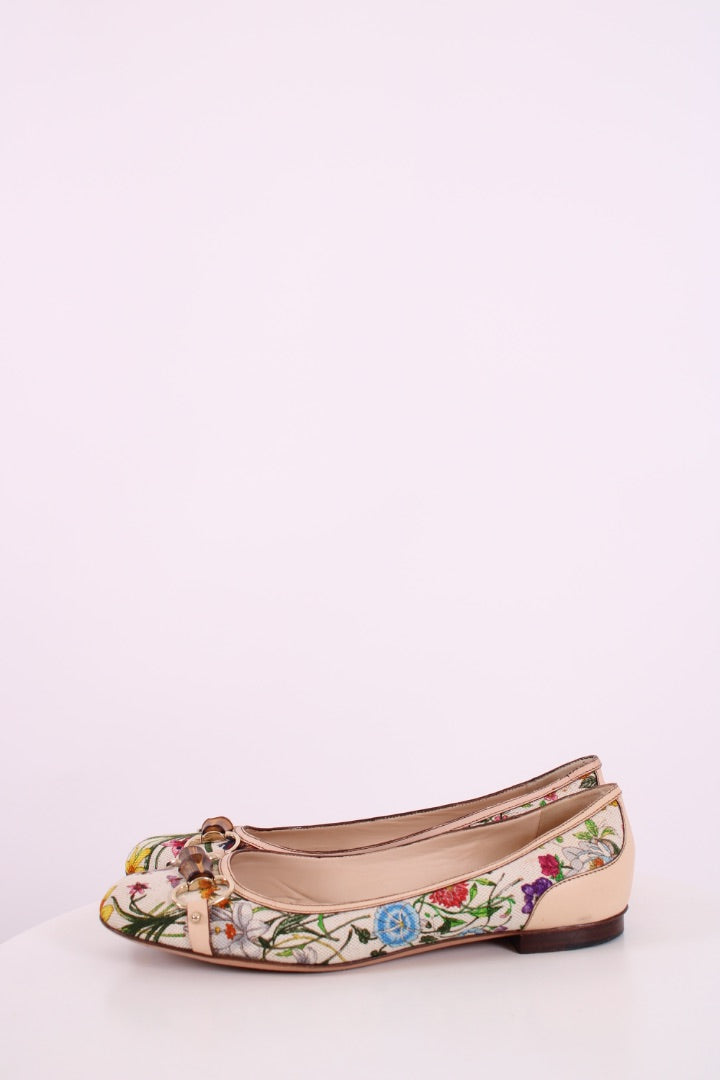 Gucci Floral Print Ballet Flats Cream/ Multi Colured 40