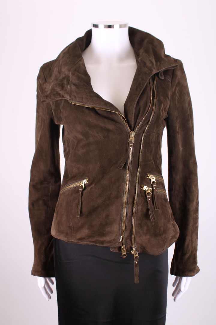Pinko Suede Leather Jacket Khaki 10