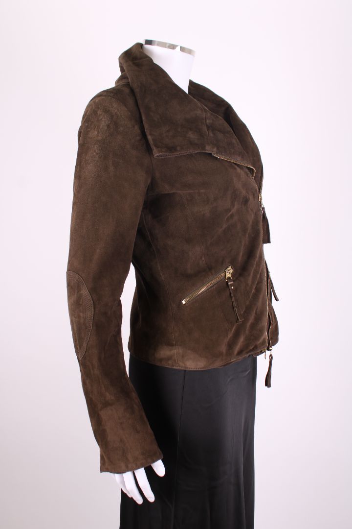 Pinko Suede Leather Jacket Khaki 10