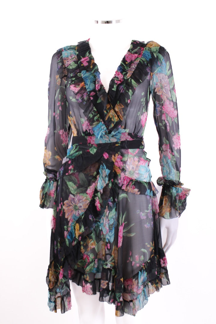 Zimmermann L/S Floral Wrap Dress Black/ Multi Coloured 8