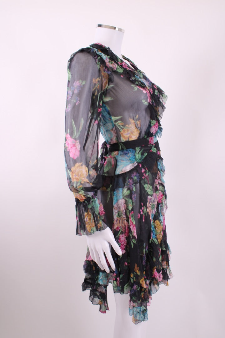 Zimmermann L/S Floral Wrap Dress Black/ Multi Coloured 8