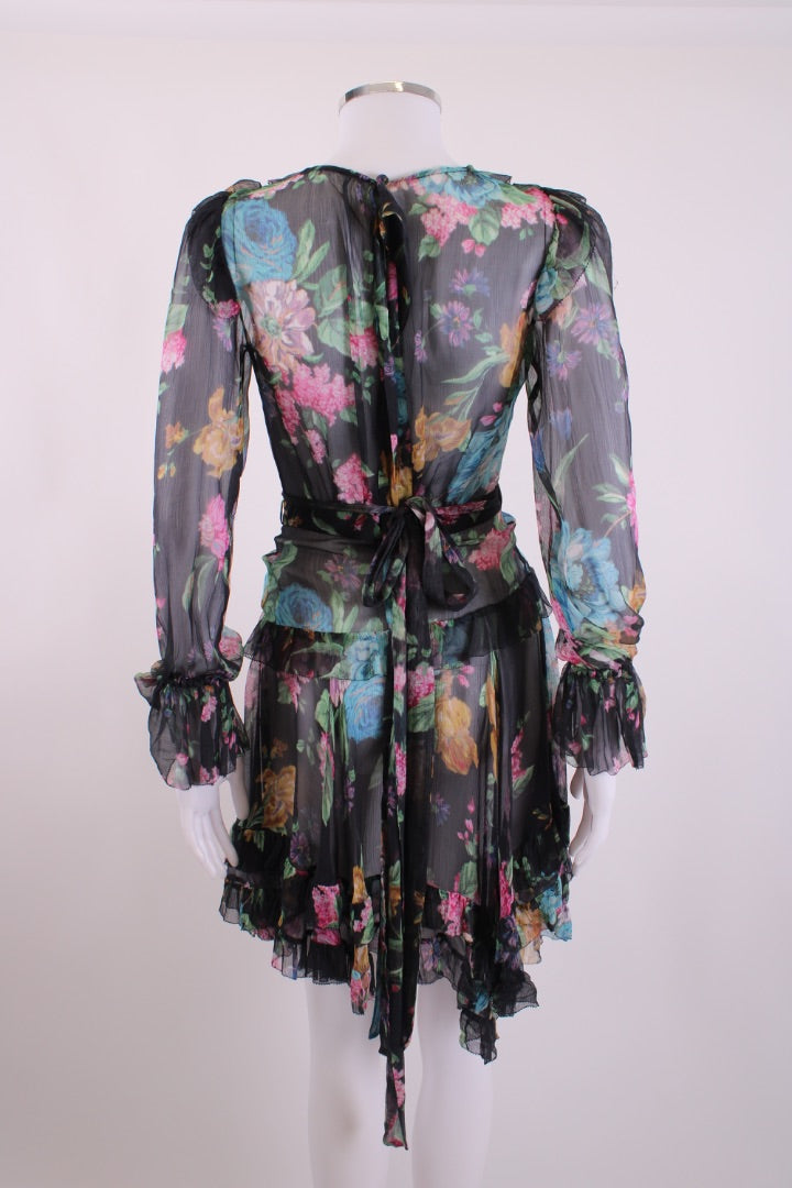 Zimmermann L/S Floral Wrap Dress Black/ Multi Coloured 8