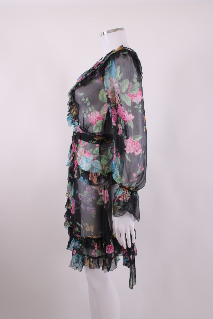 Zimmermann L/S Floral Wrap Dress Black/ Multi Coloured 8