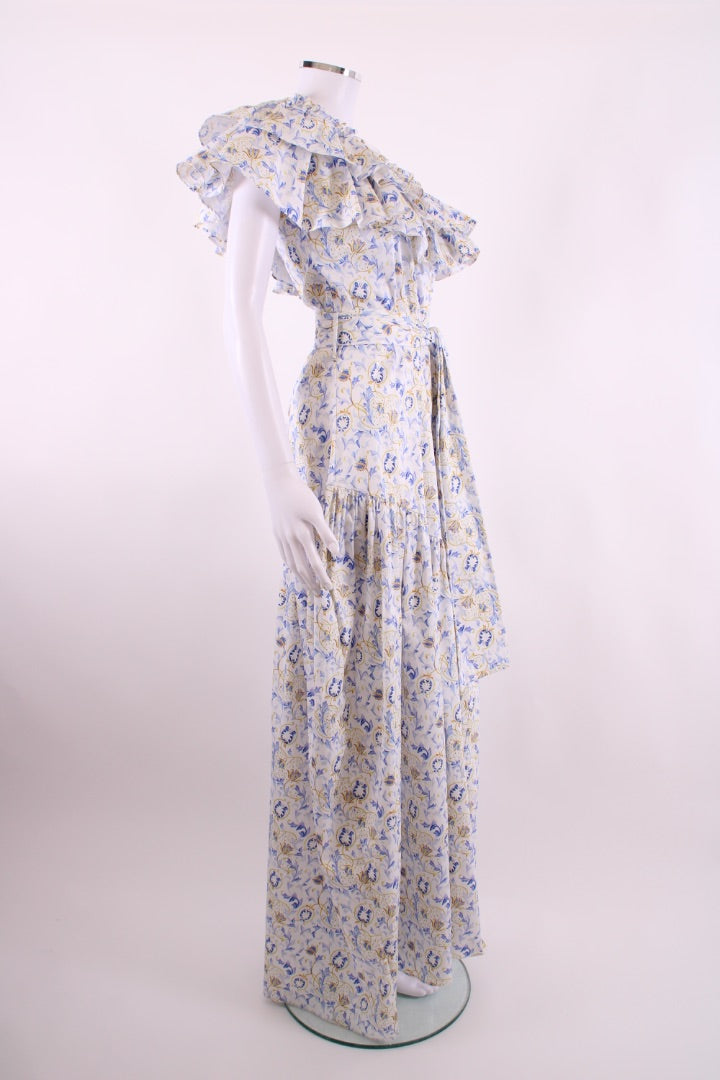 Caroline Constas One Shoulder Floral Ruffle Dress White/ Blue S – Elite Preloved
