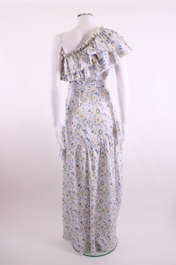 Caroline Constas One Shoulder Floral Ruffle Dress White/ Blue S