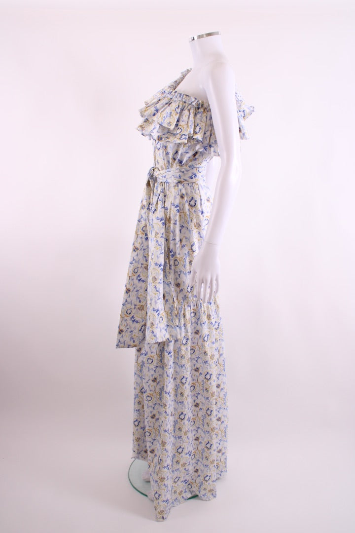Caroline Constas One Shoulder Floral Ruffle Dress White/ Blue S