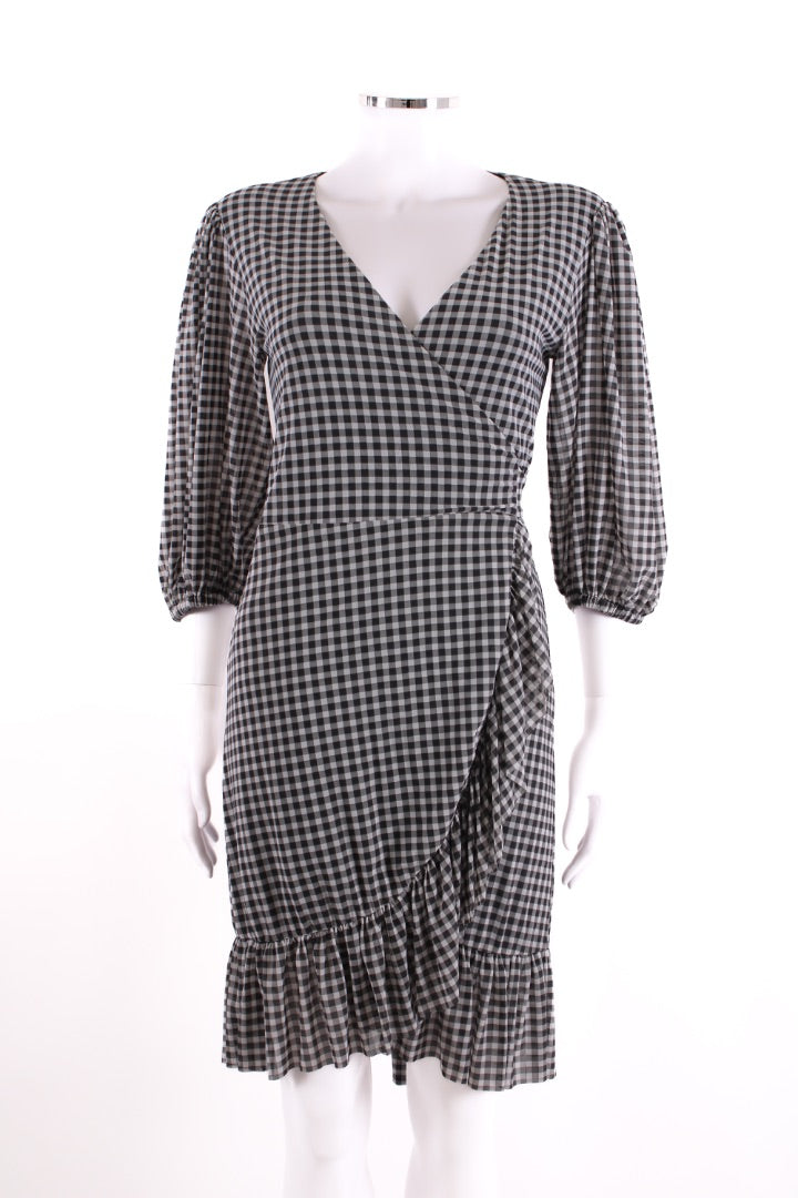 Ganni S/S Check Wrap Dress Black/ White 8