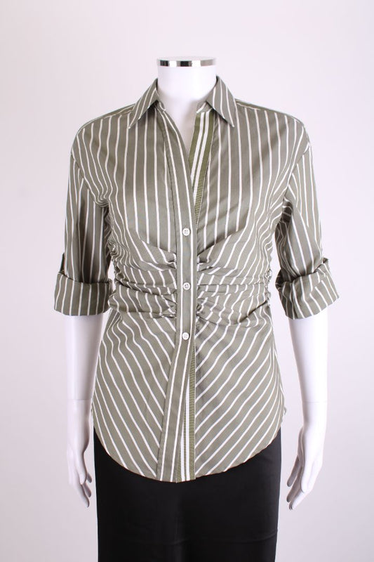 Veronica Beard L/S Ruched Stripe Shirt Green/ White XS