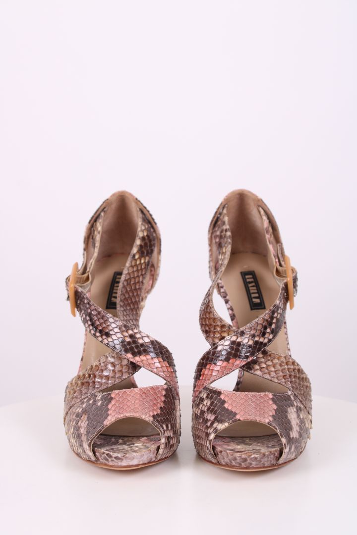 Le Silla Python Cross Strap Sandal Heels Pink and Brown Snake Skin 39