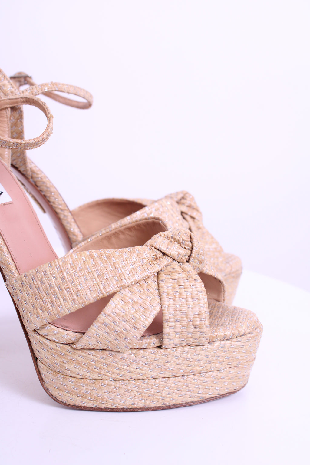 Aquazzura Nina Raffia Platfrom Heels Beige/ Silver 39