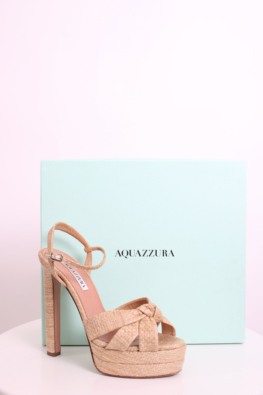 Aquazzura Nina Raffia Platfrom Heels Beige/ Silver 39