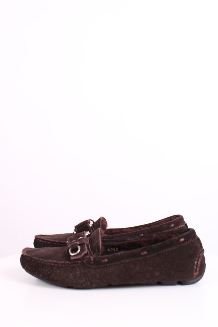 Prada Suede Shearling Lined Loafers Brown 37