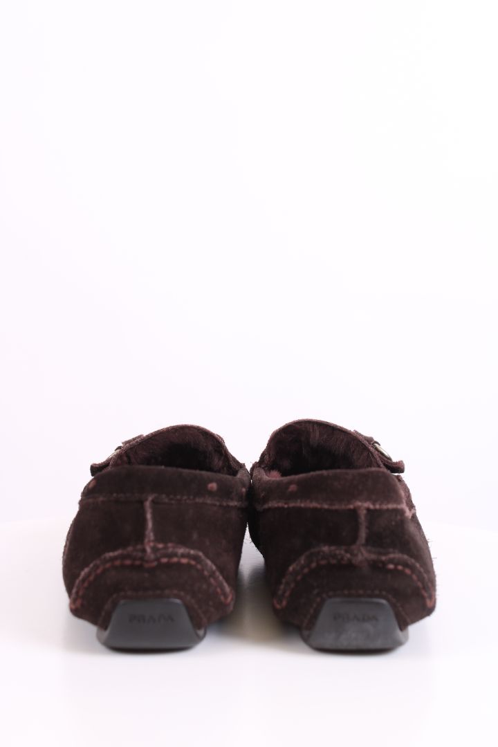 Prada Suede Shearling Lined Loafers Brown 37