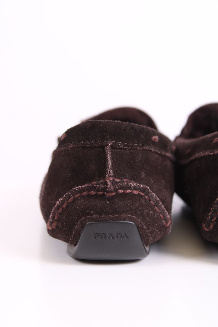 Prada Suede Shearling Lined Loafers Brown 37