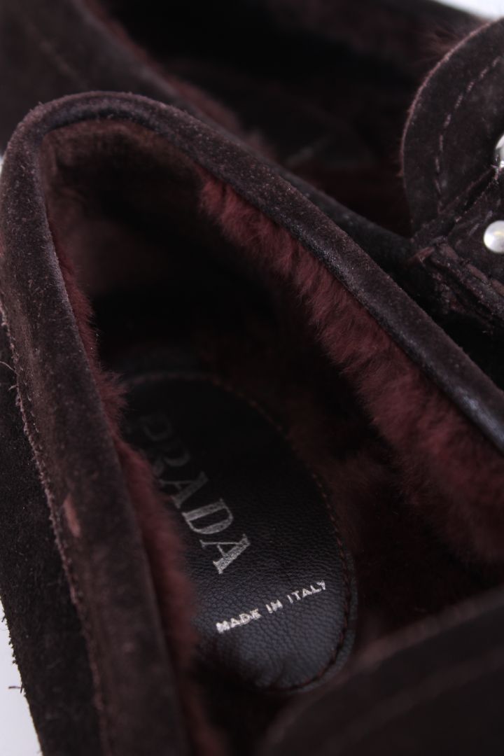 Prada Suede Shearling Lined Loafers Brown 37