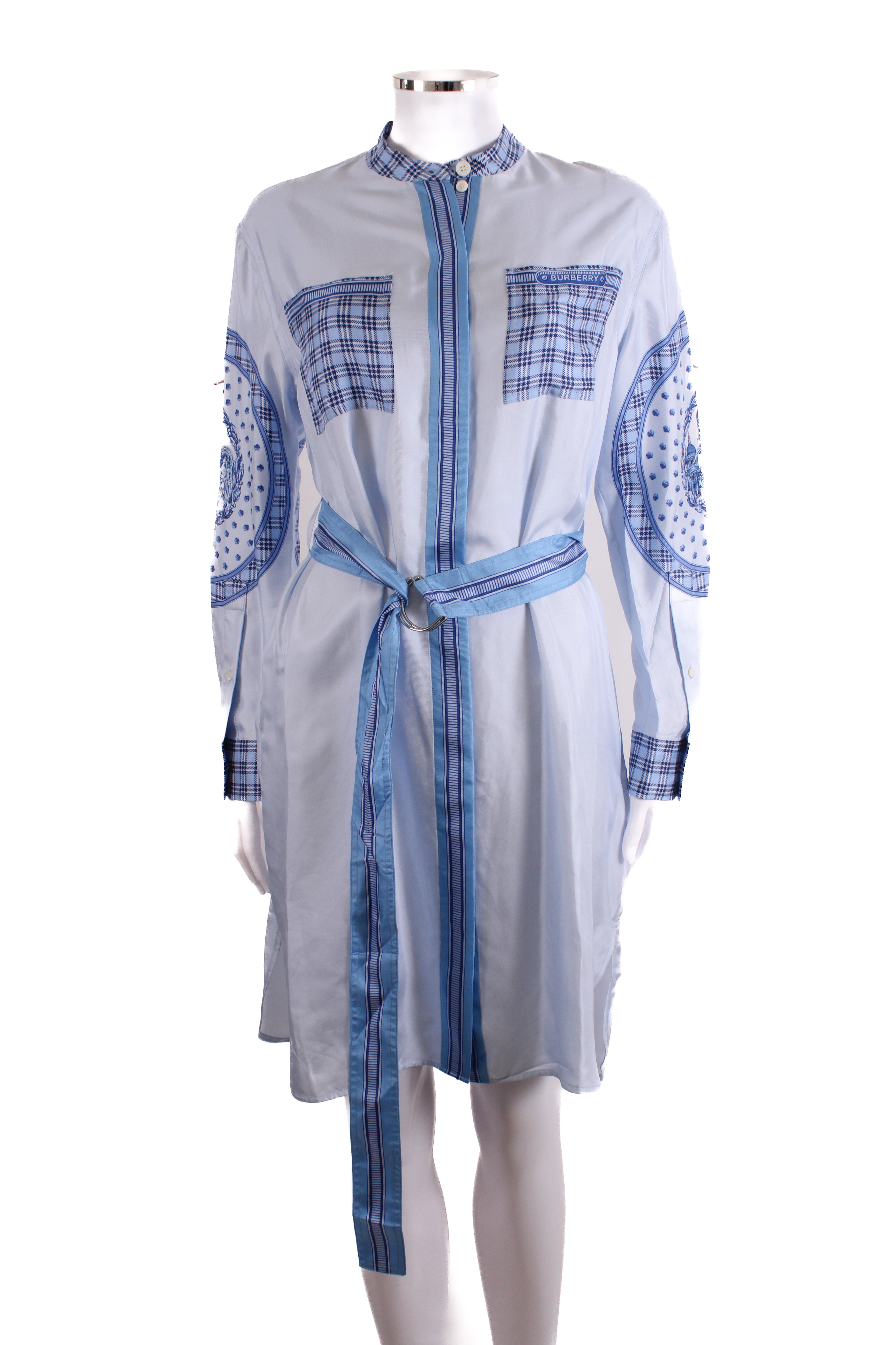 Burberry Monument Printed Satin Shirt Dress Blue 8