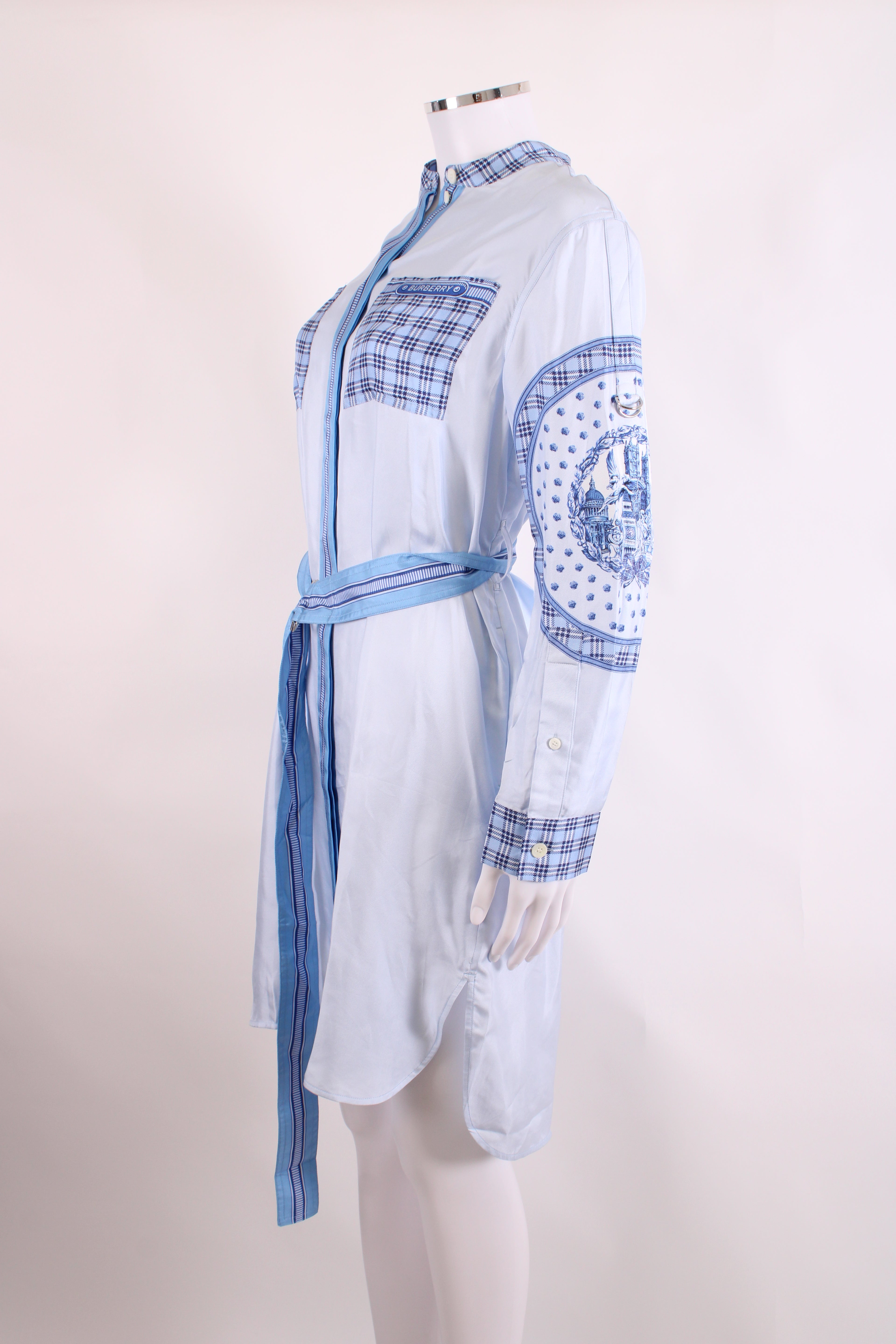 Burberry Monument Printed Satin Shirt Dress Blue 8