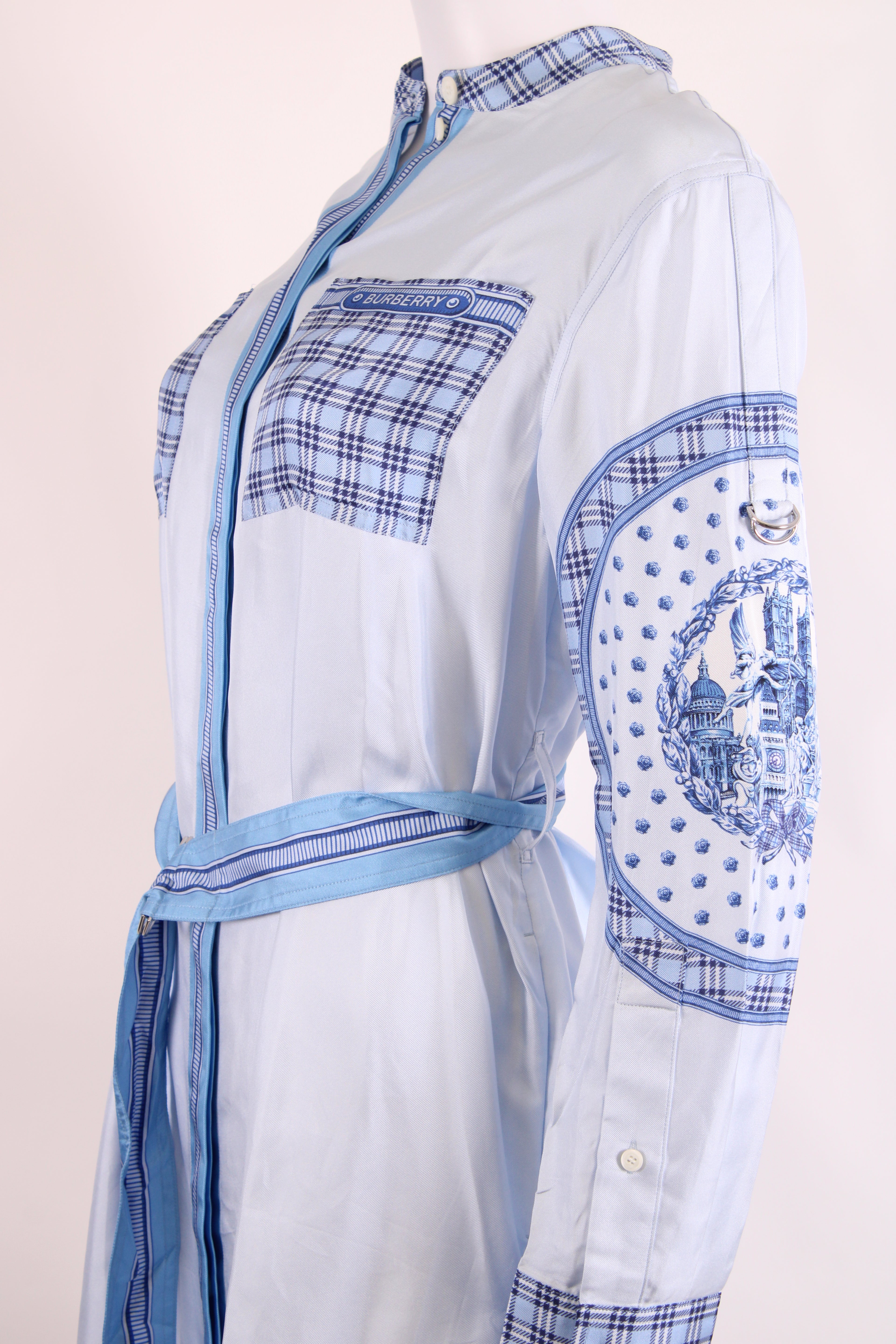 Burberry Monument Printed Satin Shirt Dress Blue 8