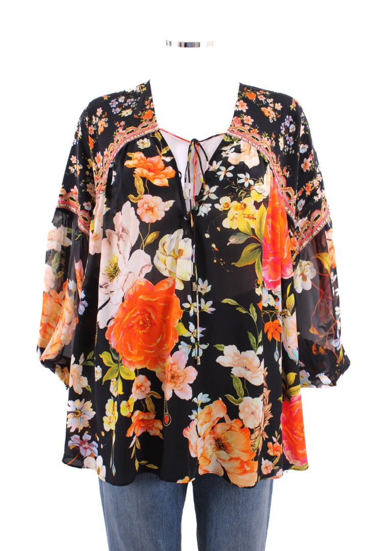 Camilla L/S Floral Blouse Black/ Orange O/S
