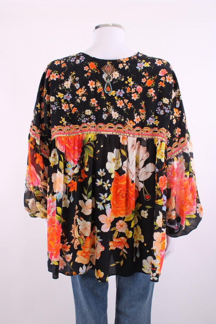 Camilla L/S Floral Blouse Black/ Orange O/S