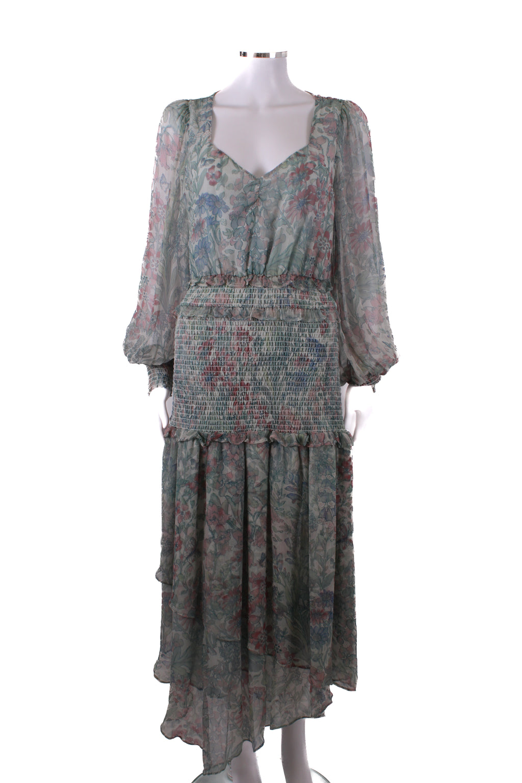 Love Shack Fancy L/S Floral Print Dress Green/ Pink S