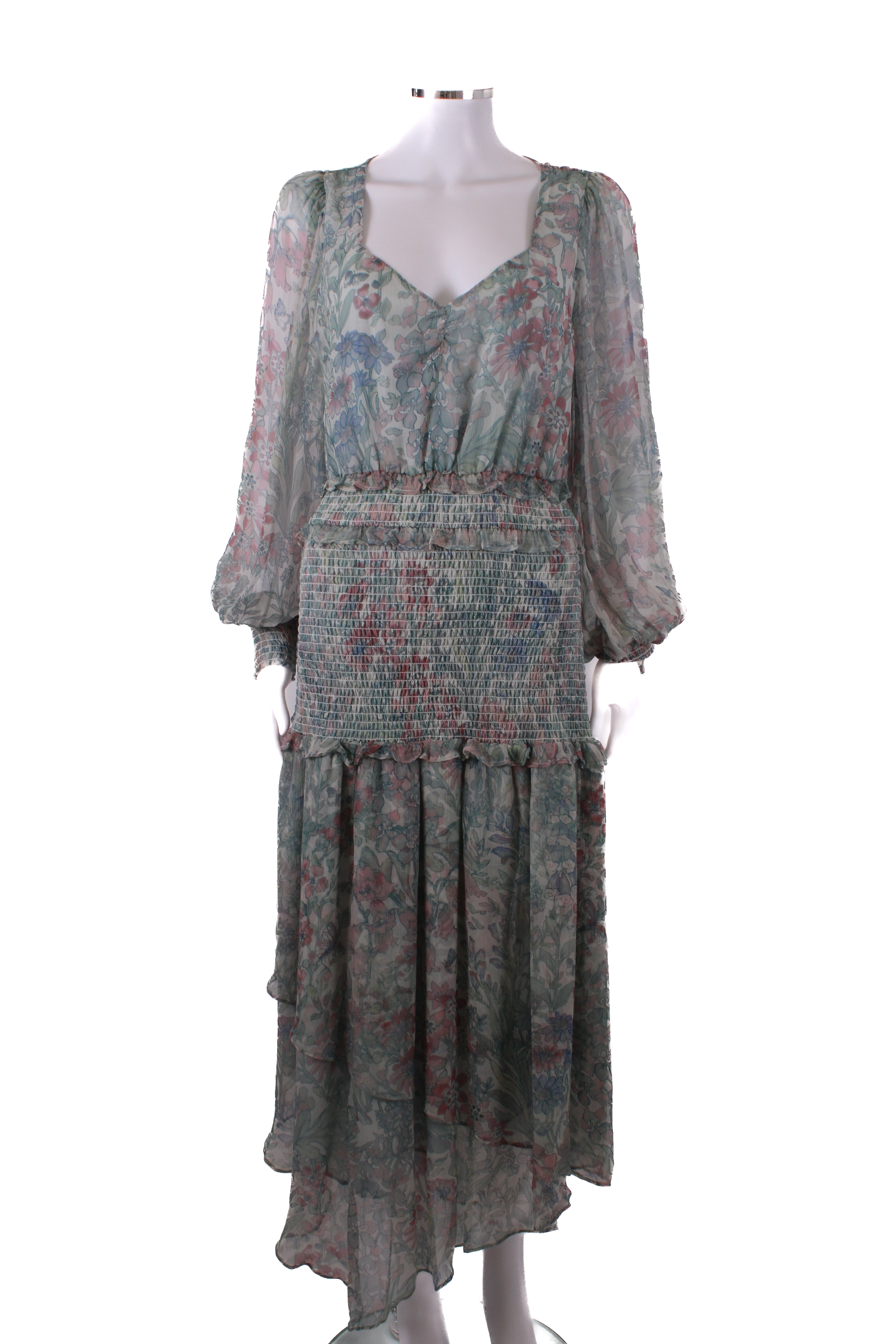 Love Shack Fancy L/S Floral Print Dress Green/ Pink S
