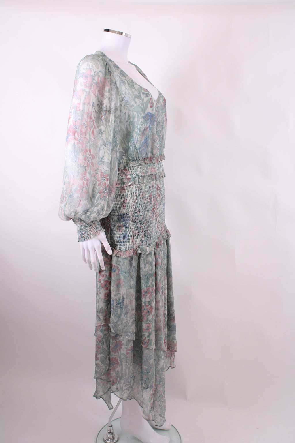Love Shack Fancy L/S Floral Print Dress Green/ Pink S