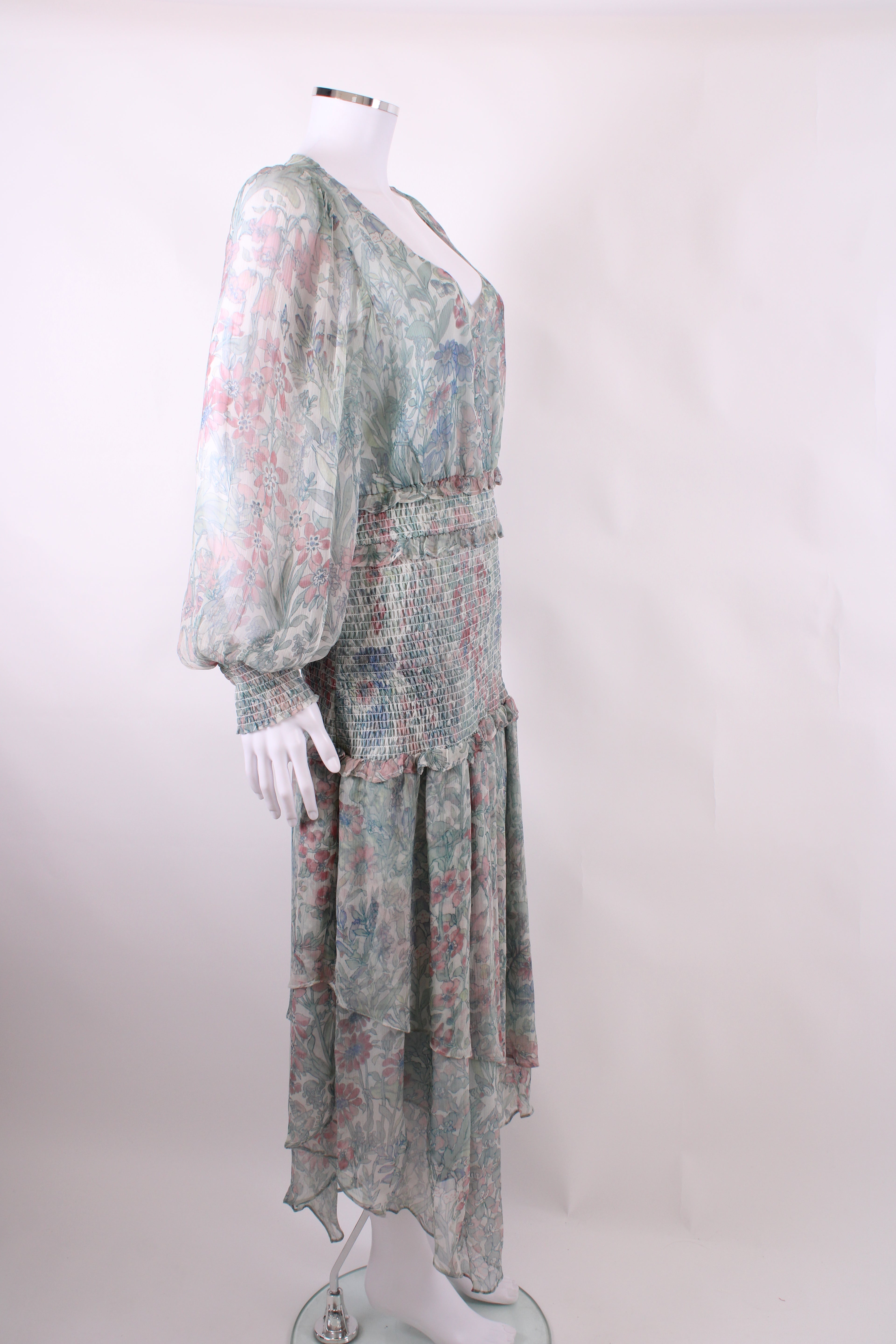 Love Shack Fancy L/S Floral Print Dress Green/ Pink S