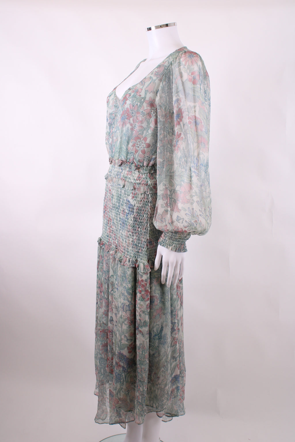 Love Shack Fancy L/S Floral Print Dress Green/ Pink S