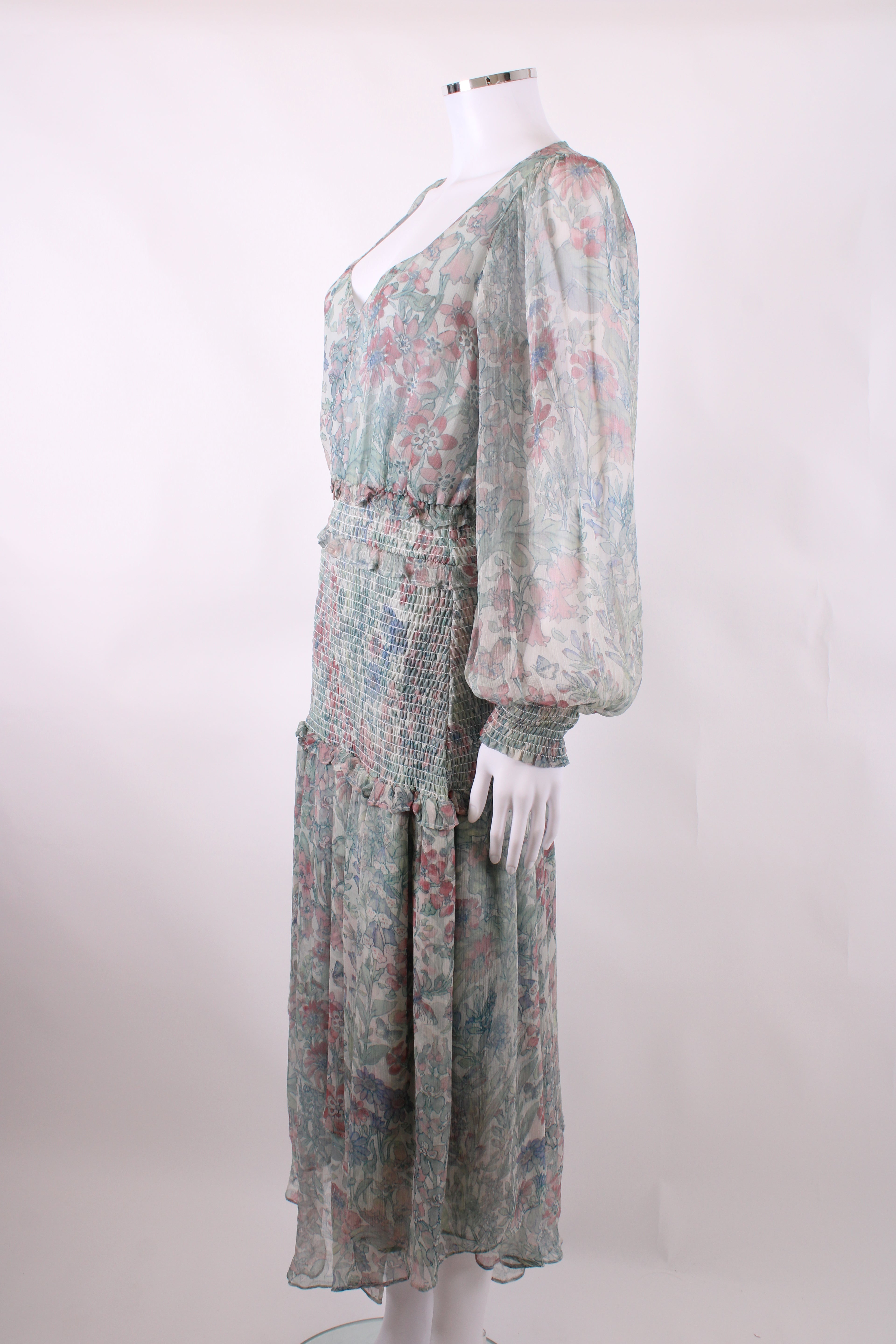 Love Shack Fancy L/S Floral Print Dress Green/ Pink S