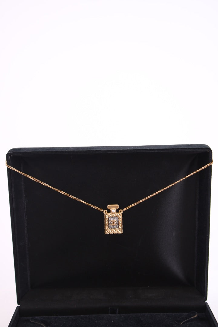 Chanel Faux Pearl Crystal Perfume Necklace Gold Tone