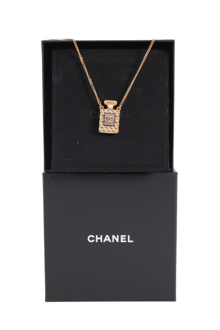 Chanel Faux Pearl Crystal Perfume Necklace Gold Tone