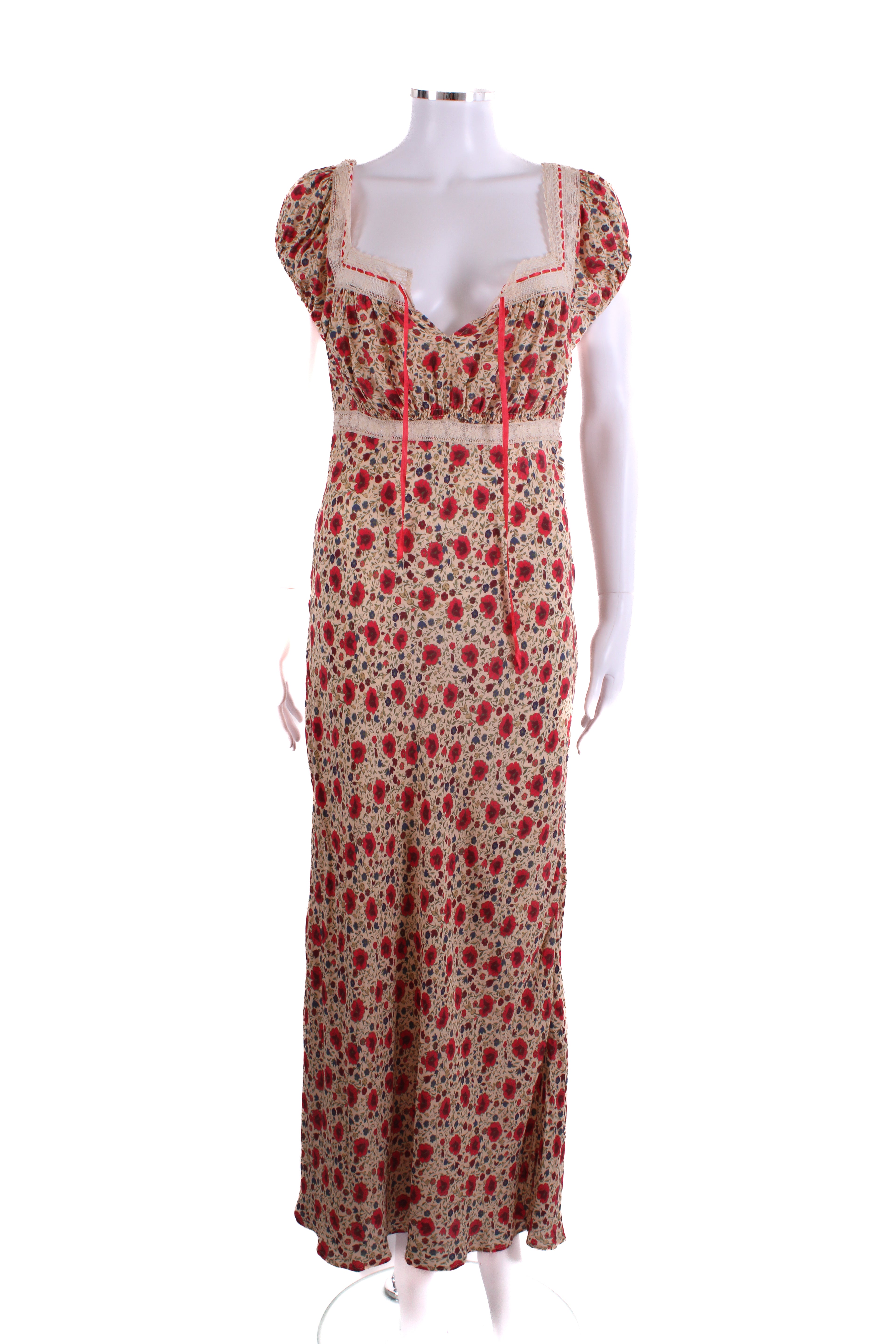 Rixo S/S Floral Lace Trim Dress Beige/ Red 10