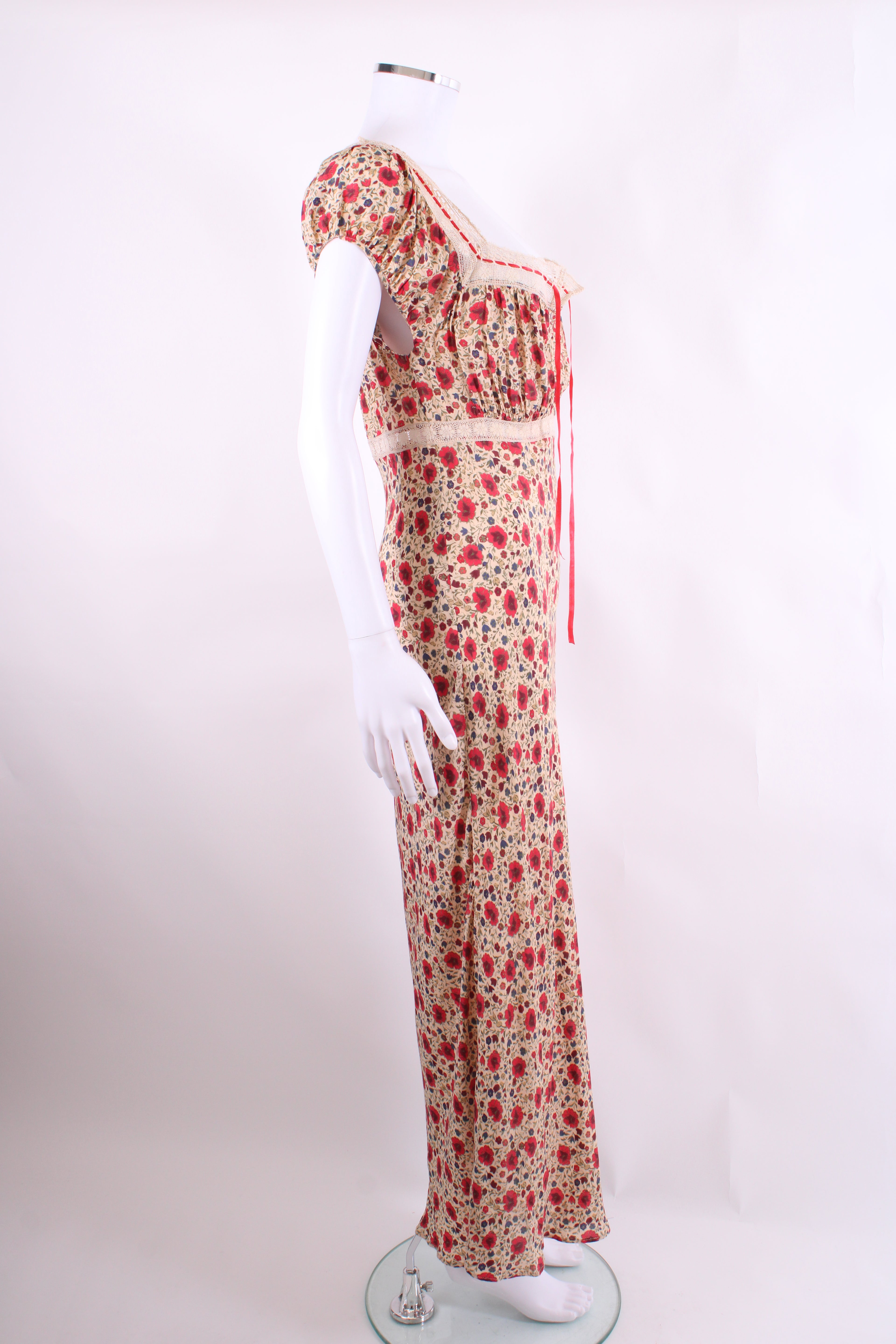 Rixo S/S Floral Lace Trim Dress Beige/ Red 10