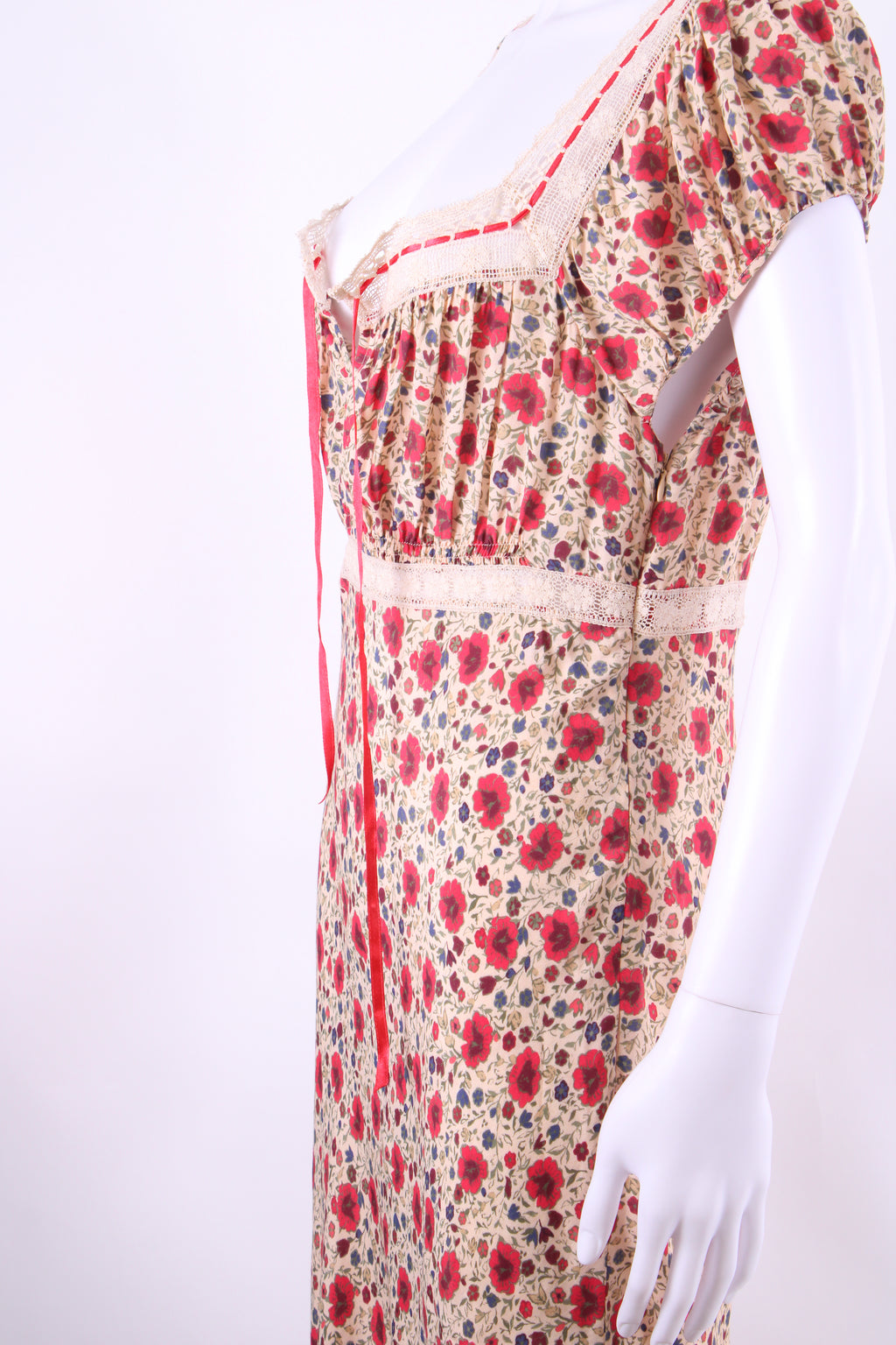Rixo S/S Floral Lace Trim Dress Beige/ Red 10