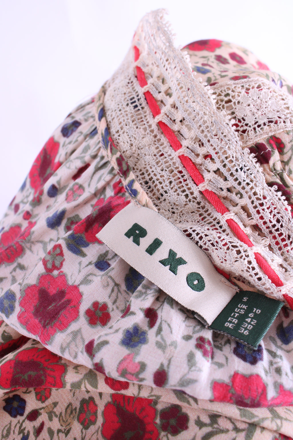 Rixo S/S Floral Lace Trim Dress Beige/ Red 10