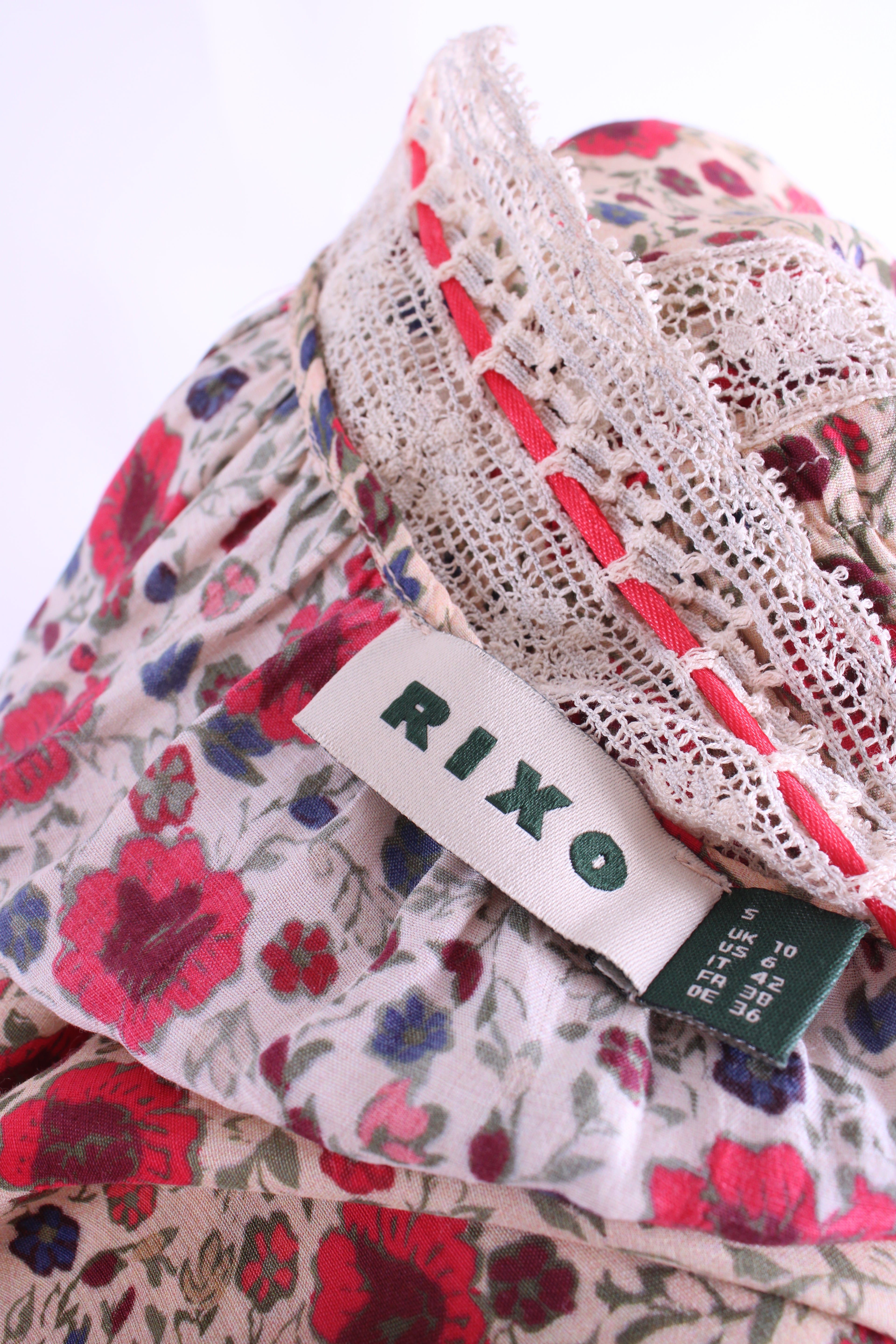 Rixo S/S Floral Lace Trim Dress Beige/ Red 10