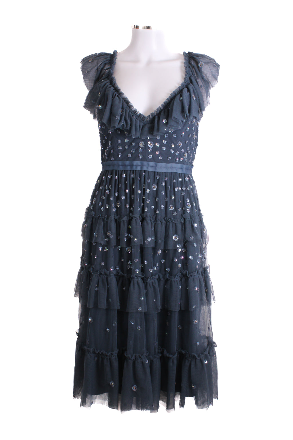 Needle & Thread S/S Ruffle Sequin Dress Grey 14