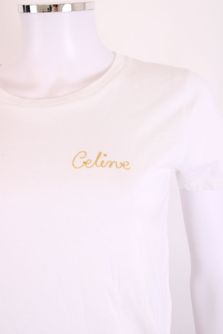 Celine Embroidered Logo T-shirt White/ Gold XS